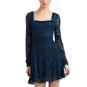 Free People Women's Small Lace Velvet Trim Teal Mini Dress Whimsigoth